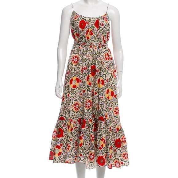 Rhode Resort Off white red floral Lea Gathered belted midi dress S - Picture 1 of 9